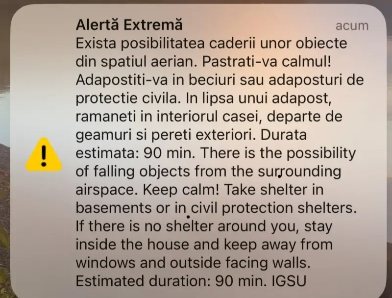Alertă RO-Alert în Vaslui: populația, avertizată asupra posibilității căderii unor obiecte din spațiul aerian